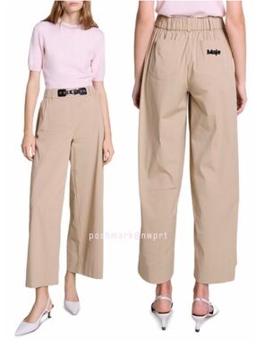 MAJE Piuma Wide Leg Gabardine Trousers Cropped Pants Tan Black Belt 34 24 XS 0